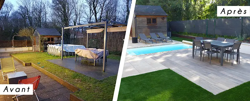 Avant-apres Creation piscine et amenagement de ses abords en region dijonnaise