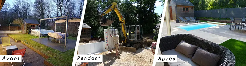Avant-Pendant-Apres Evolution du jardin et construction de la piscine