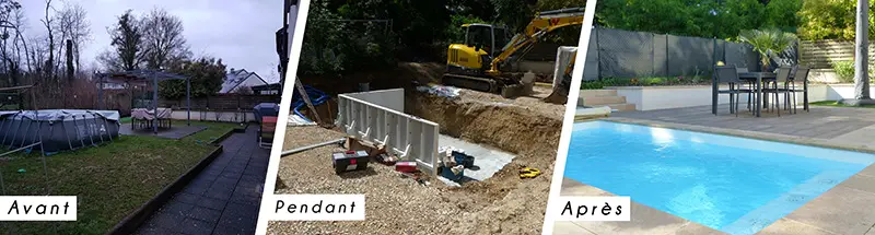 Avant-Pendant-Apres Montage de la piscine et resultat final